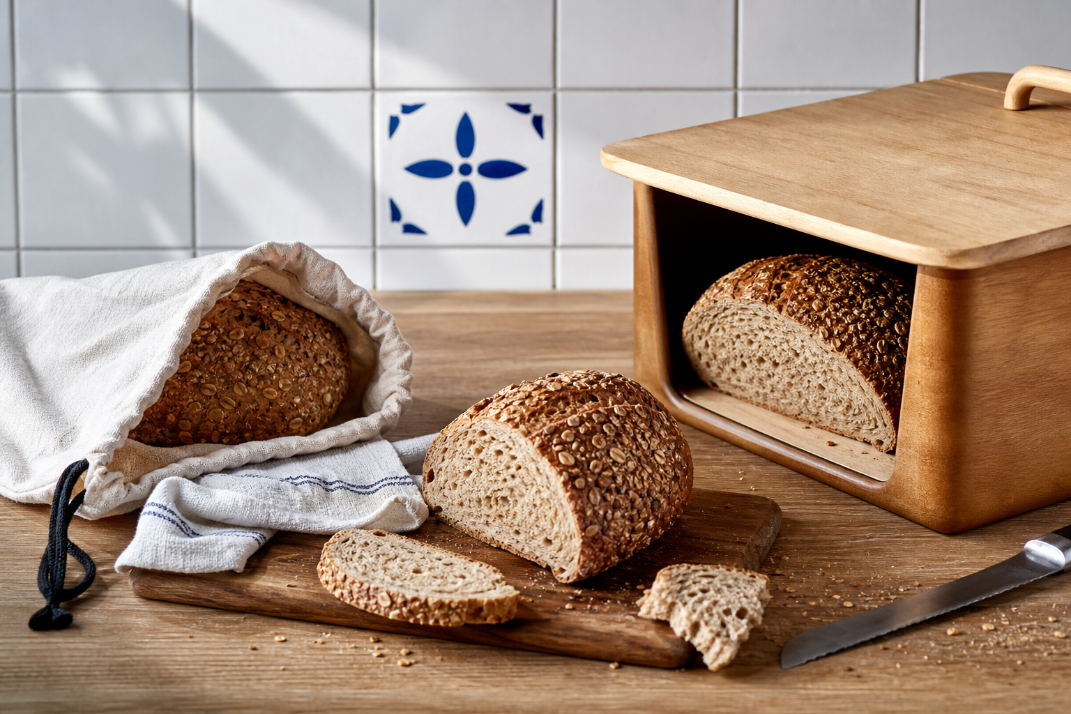 Aufgeschnittenes Körnerbrot neben Leinenbeutel und geöffneter Brotdose aus Holz