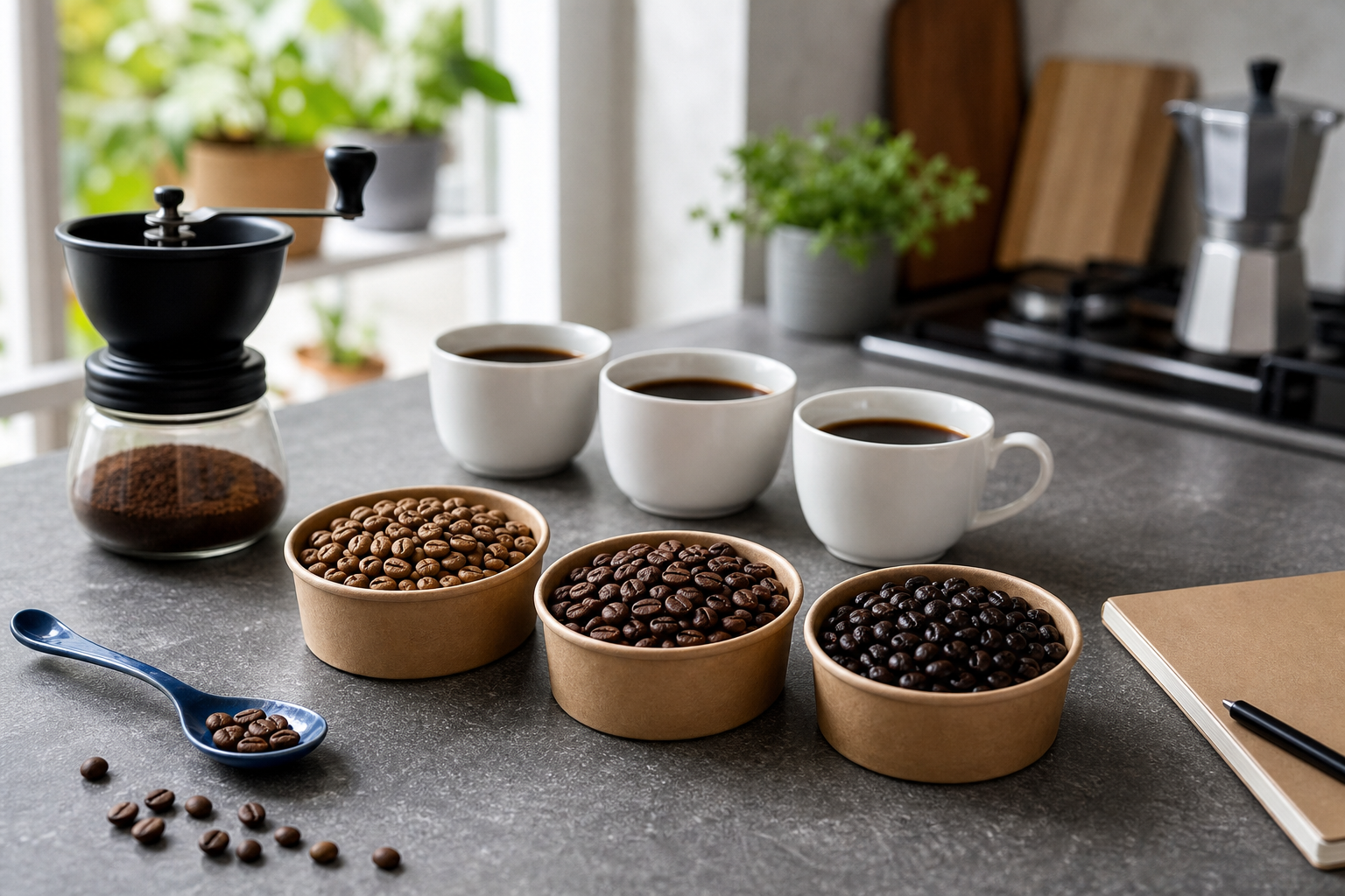Drei Schalen mit unterschiedlich gerösteten Kaffeebohnen, Handmühle und weißen Kaffeetassen