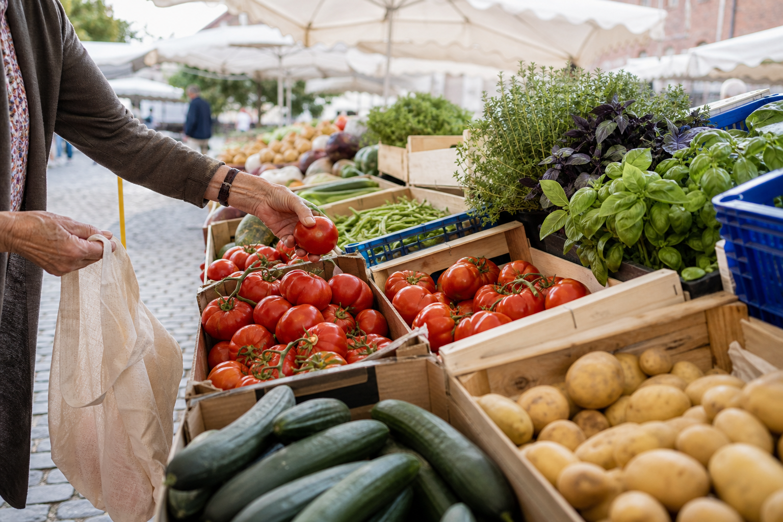 Einkauf an einem Wochenmarktstand mit Tomaten, Gurken, Kartoffeln und frischen Kräutern